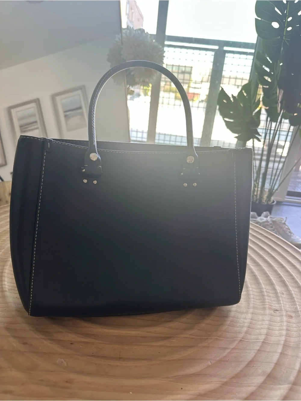 kate spade black leather satchel with silver hardware